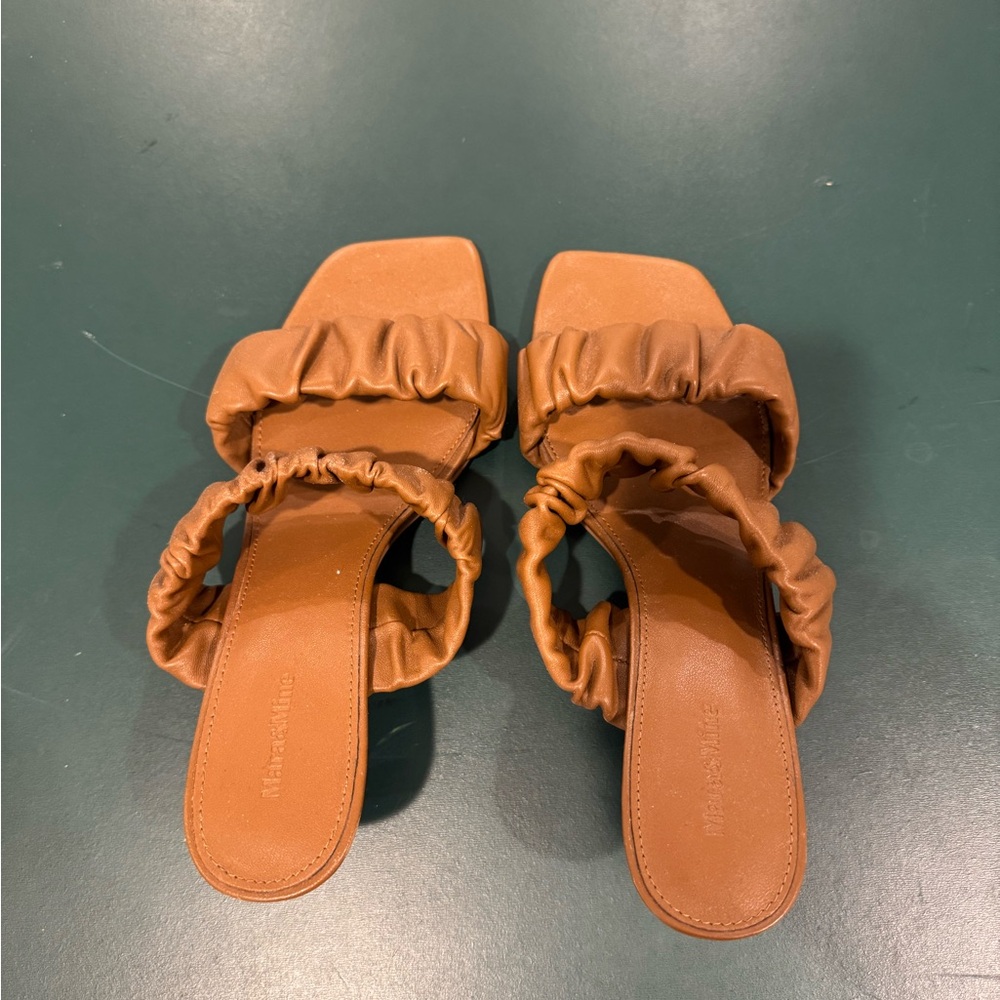 Tan Ruched Leather Sandals with Open Back